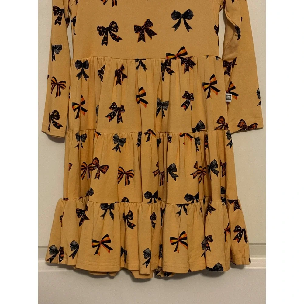Minikin Mischief Girls 3T Yellow Bow Print Bamboo Viscose Tiered Twirl Dress NWT